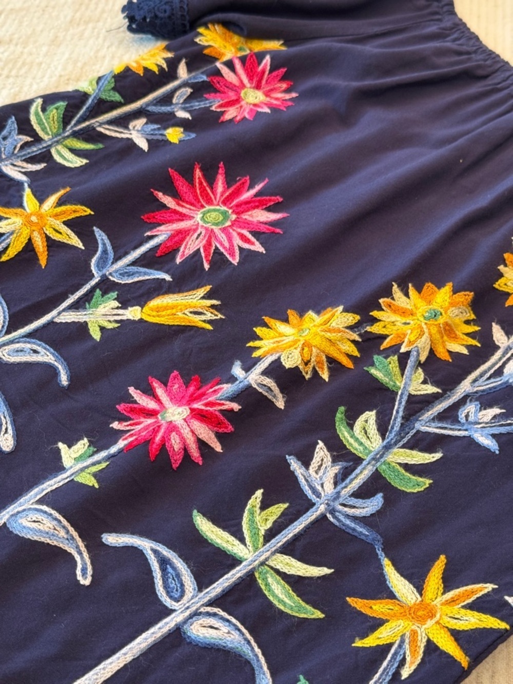 Vintage Navy Floral Embroidered off shoulder or Short-Sleeve Women's Top xs to s - Picture 8 of 15